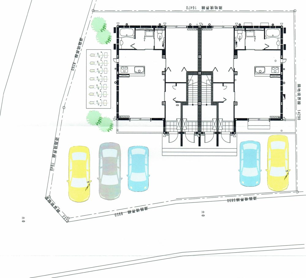 2 階建てアパート設計図（配置図） 
（間取り：１F：１LDK２戸、２F：２LDK２戸）